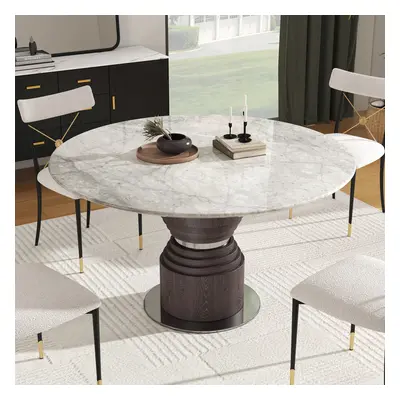 53.5" Round Dining Table Faux Marble for 6 Gray Modern with Solid Wood Pedestal