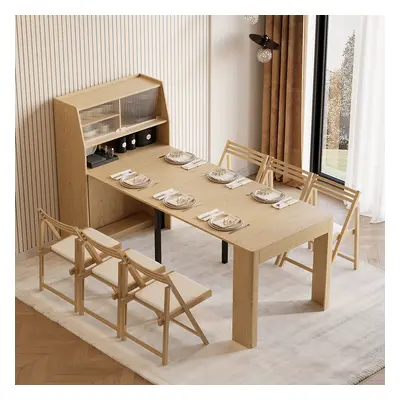 Dining Table Set 70.9'' Extendable Dining Table with Storage & 4 Folding Solid Wood Natural Dini