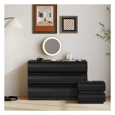 Bedroom Set 2 Black Leather Smart Nightstands & Leather 6-Drawer Dresser Chest Set