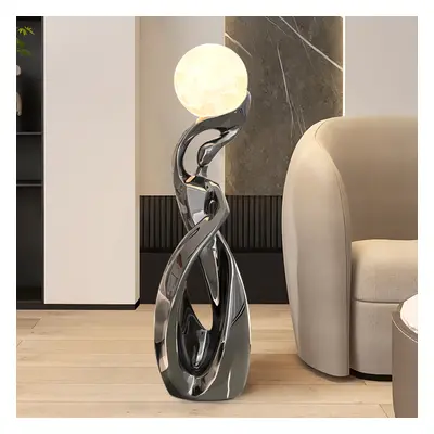 Silver Sculpture with Illuminated Sphere Modern Art Decor for Living Room