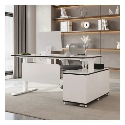 L Shaped Executive Office Desk Standing Desktop with 3 Doors & Drawer White Office Furniture Lef