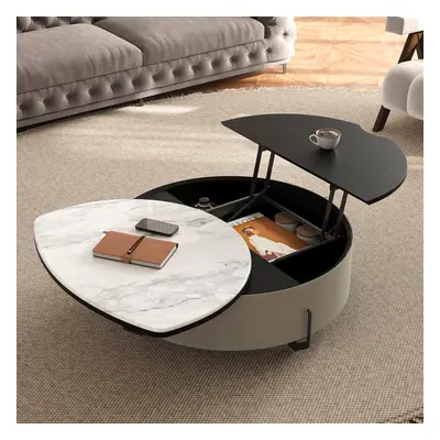 Round Lift-Top Coffee Table with Modern Faux Marble Tabletop and Leather Side