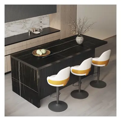 72" Black Kitchen Island & 2 Velvet Swivel Bar Stools with Curved Wing Back