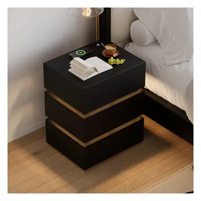 Smart LED 3 Drawer Nightstand Wireless Charging Station Bedside Table with Light Modern Black