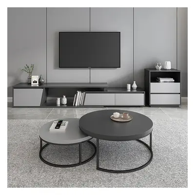 Living Room Set Rectangle Gray Extendable TV Stand & Wood Round Nesting Coffee Table