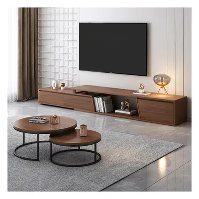 Living Room Set Walnut Rectangle Extendable TV Stand & Round Nesting Coffee Table Set