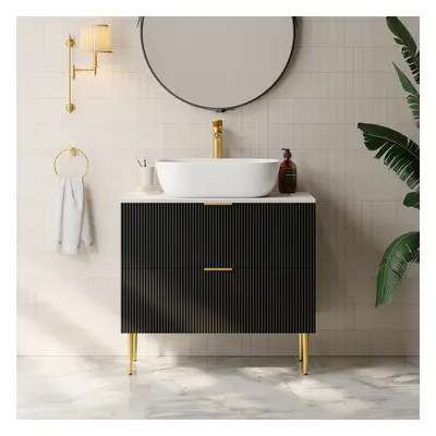 800mm Black Single Fluted Bathroom Vanity with Vessel Sink and 2 Drawers