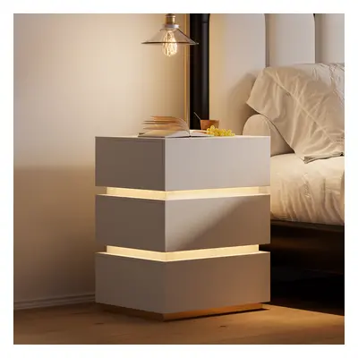 Smart 3-Drawer Nightstand with Charging Station Bedside Table with Light in White