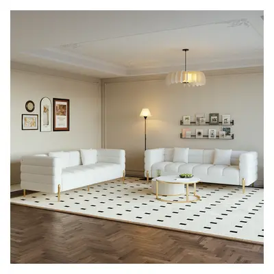 Living Room Set 78.7" White Boucle Upholstered Fluted 3-Seater Sofa Set of Two with Pillows