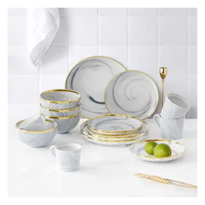 Modern Dinnerware with Mugs 16-Piece White&Gray Ceramic Dinnerware Gold Rim