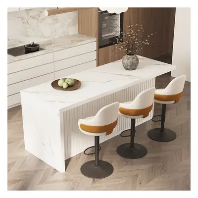 72" Large Kitchen Island & 2 Velvet Swivel Bar Stools Set Adjustable Height White with Marble Ve