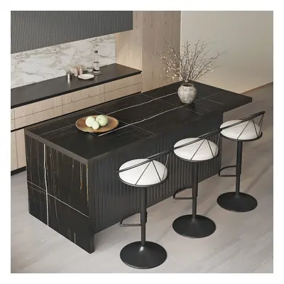 72" Black Kitchen Island & 2 Bar Stools Set PU Leather Adjustable Height Kitchen Chairs with Sto