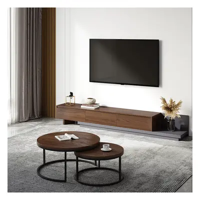 Living Room Set Retracted & Extendable 3-Drawer TV Stand & Round Nesting Coffee Table