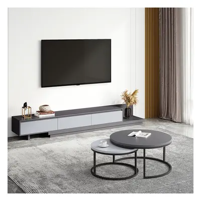 Living Room Set Gray Retractable Extendable TV Stand & Round Nesting Coffee Table Set