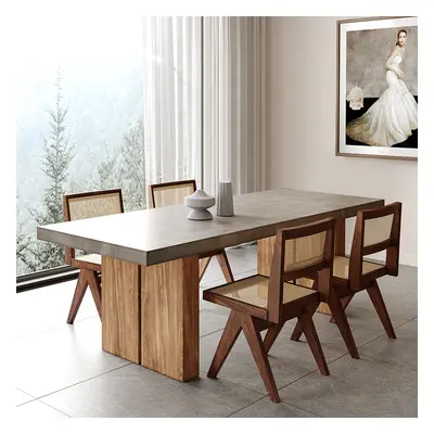 1600mm Farmhouse Natural Wooden Dining Table & 6 Walnut Japandi Rattan Dining Chairs