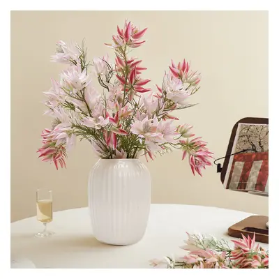 Pink Artificial Flowers in White Ribbed Vase Elegant Faux Floral Arrangement for Home Art Decor