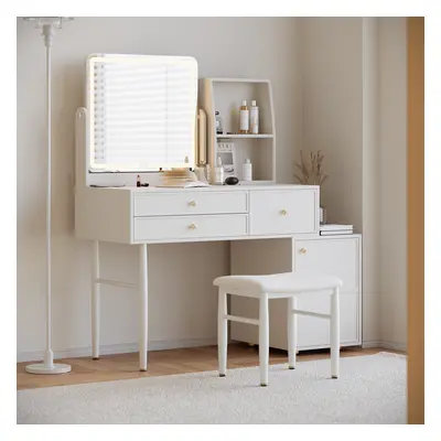 Modern White Leather Makeup Vanity Set with Led Mirror & Charger Dressing Table with Stool