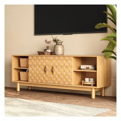 Mid-Century Modern Natural Wood Tall TV Stand Media Console with Storage