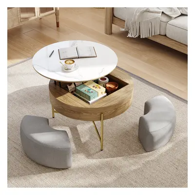 Round Lift-Top Wood Coffee Table Set with Storage White & Natural with Stools