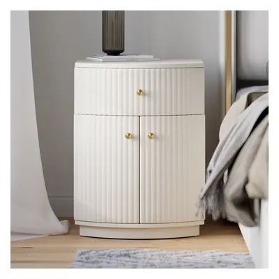 Modern Barrel White Fluted Nightstand in Faux Leather Bedside Table with Storage