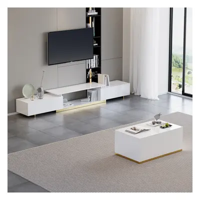 Living Room Set Rectangle Glossy White Extendable TV Stand & 70.8" Glossy White Coffee Table