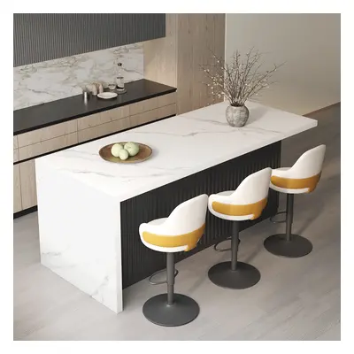 72" Large White & Black Kitchen Island & 2 Velvet Swivel Bar Stools Curved Wing Back