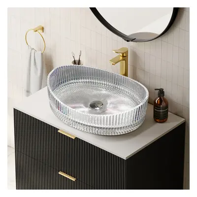 635mm Crystal Glass Countertop Basin Oval Transparent Fluted Washbasin