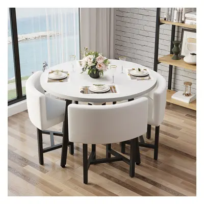 40" Round Wooden White Small Nesting Dining Table Set for 4 White Upholstered Chairs