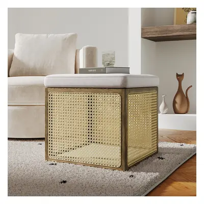 460mm Boho Rattan Storage Ottoman Square Foot Stool in Khaki & Natural