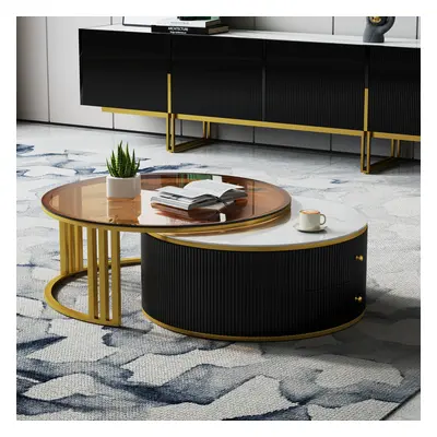 Grovyn Modern Nesting Sintered Stone Top Black Round Glass Coffee Table Storage