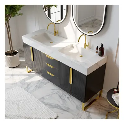 Aro 1500mm Black Double Basin Freestanding Bathroom Vanity Drawers Faux Marble Top