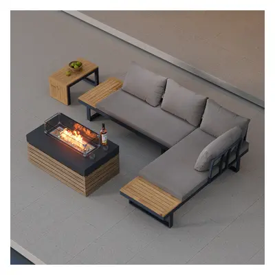 Sectional Outdoor Sofa & Set with Propane Gas Fire Pit Table With Glass Wind Guard