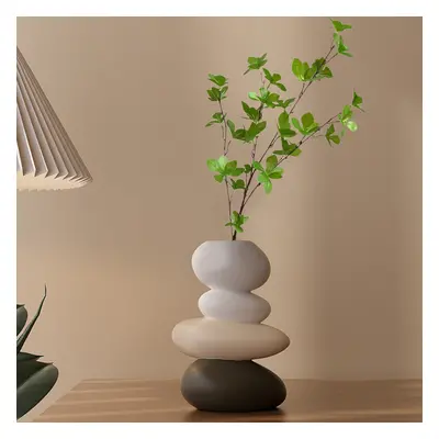 Resin Stacked Stone Base Vase with Artificial Tree Multicolor Faux Plastic Indoor Plant Decor Ar