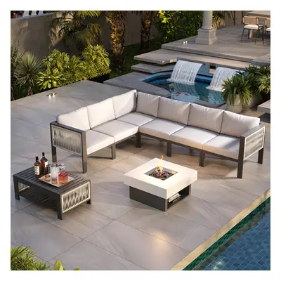 8 PCS L Shaped Outdoor Sectional Sofa Set with Smokeless Propane Fire Pit Table Yard & Patio Fur