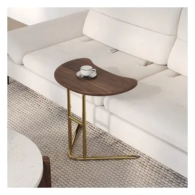 Lift Top Side Table Walnut & Gold C-shaped Adjustable End Table for Living Room