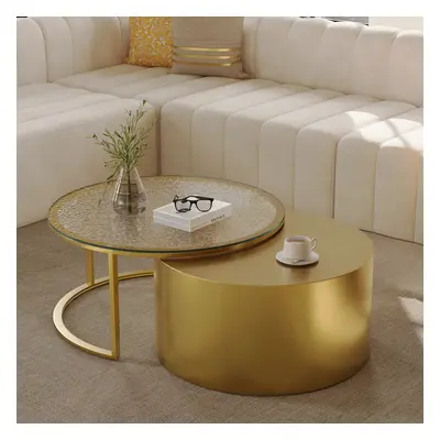 800mm Modern Nesting Round Coffee Table Set with Glass Top and Gold Finish for Living Room