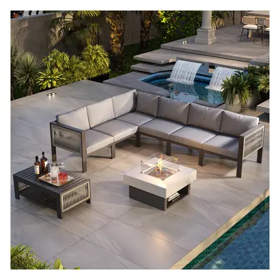 8 PCS L Shaped Outdoor Sectional Sofa Set with Smokeless Propane Fire Pit Table Yard & Patio Fur