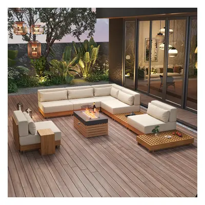 Propane Gas Fire Pit Table With Glass & Teak Modular Outdoor Sectional Sofa Set