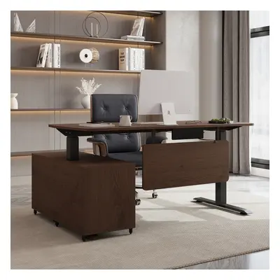 L Shaped Executive Office Desk with Adjustable Electric Standing Desktop Walnut Office Furniture