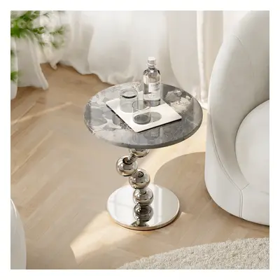 500mm Silver Side Table Round Faux Marble Top Chrome Base