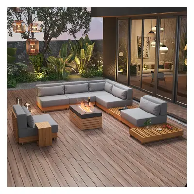 Propane Gas Fire Pit Table With Glass & Teak Modular Outdoor Sectional Sofa Set