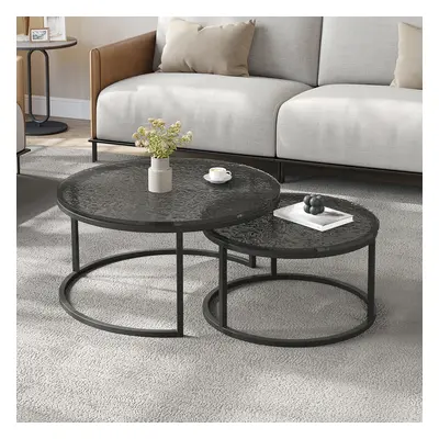 Modern Black & Grey round glass nesting space-saving 2 pieces coffee table livingroom table