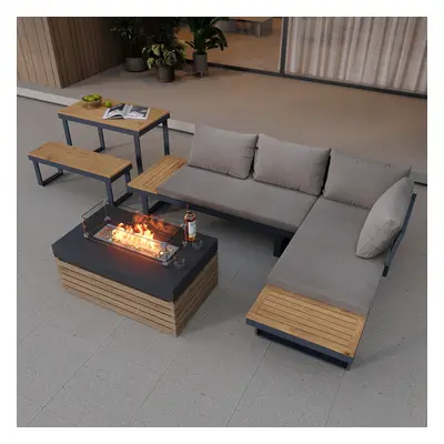 Aluminum Wood Outdoor Sectional Sofa & Propane Gas Fire Pit Table With Glass Wind Guard