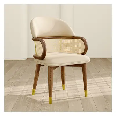 Mid-Century Modern Beige Rattan Dining Chair Curved Back Upholstered Faux Leather