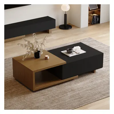 Quoint 1750mm Modern Black & Walnut Coffee Table Retracted & Extendable with 2-Drawer