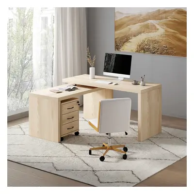 L Shaped Executive Office Desk with with Movable File Cabinet Distressed White Office Furniture 