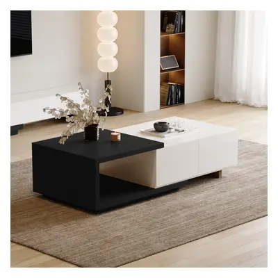 Quoint 1750mm Modern White & Black Coffee Table Retracted & Extendable with 2-Drawer