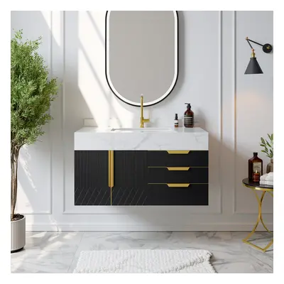 Aro 900mm Black Wall Mounted Bathroom Vanity Drawers Faux Marble Top