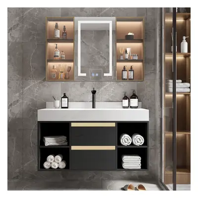 1000mm Floating Ceramic Sink & Open Shelves in Black & Mixer Tap & Bathroom Cabinet Vanity