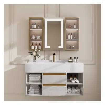 1000mm Floating Ceramic Sink & Shelves in Grey & Mixer Tap & Bathroom Cabinet Vanity